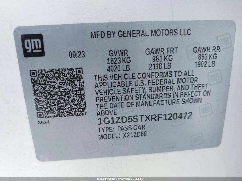 2024 Chevrolet Malibu Fwd 1Lt VIN: 1G1ZD5STXRF120472 Lot: 43988661