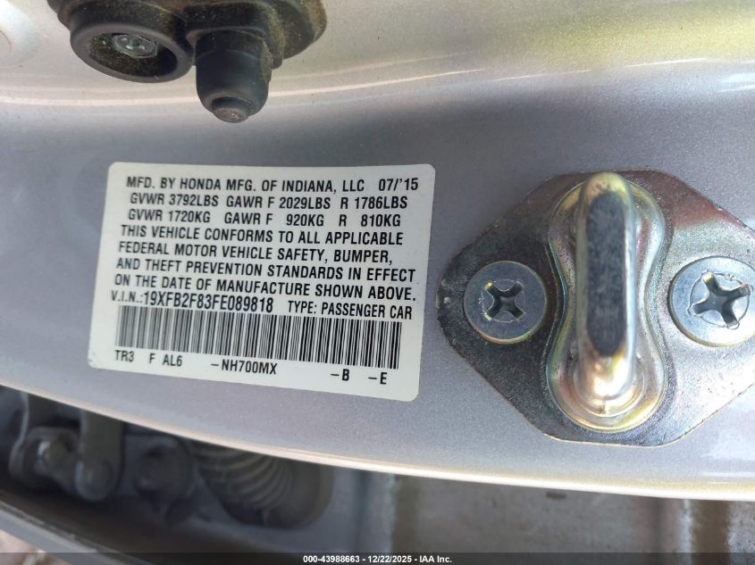 2015 Honda Civic Ex VIN: 19XFB2F83FE089818 Lot: 43988663