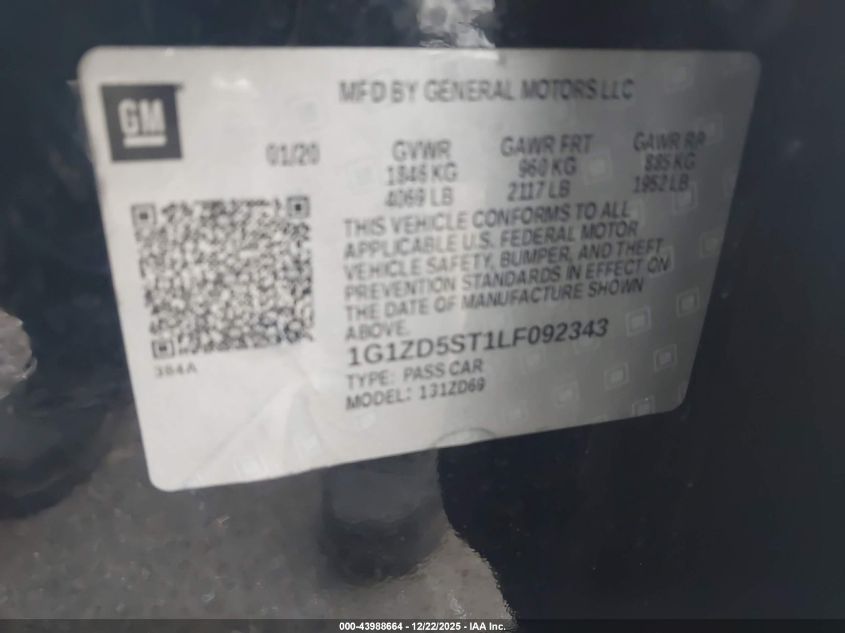 2020 Chevrolet Malibu Fwd Lt VIN: 1G1ZD5ST1LF092343 Lot: 43988664