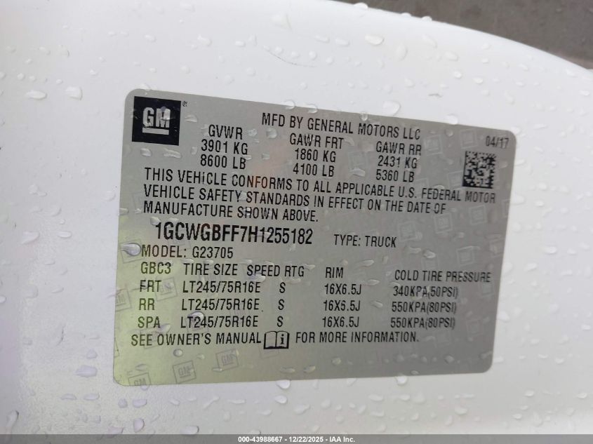 2017 Chevrolet Express 2500 Work Van VIN: 1GCWGBFF7H1255182 Lot: 43988667