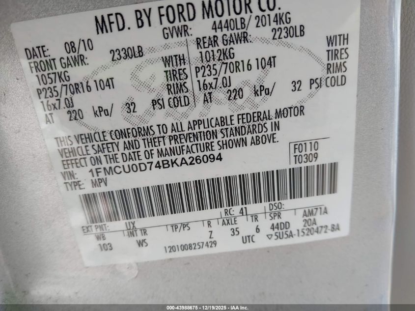 2011 Ford Escape Xlt VIN: 1FMCU0D74BKA26094 Lot: 43988675