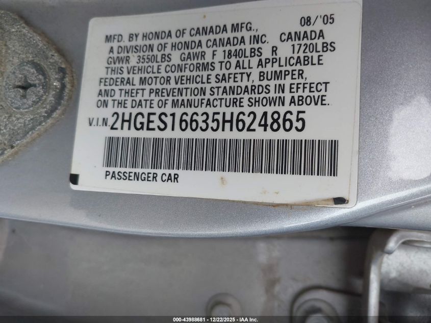 2005 Honda Civic Lx VIN: 2HGES16635H624865 Lot: 43988681