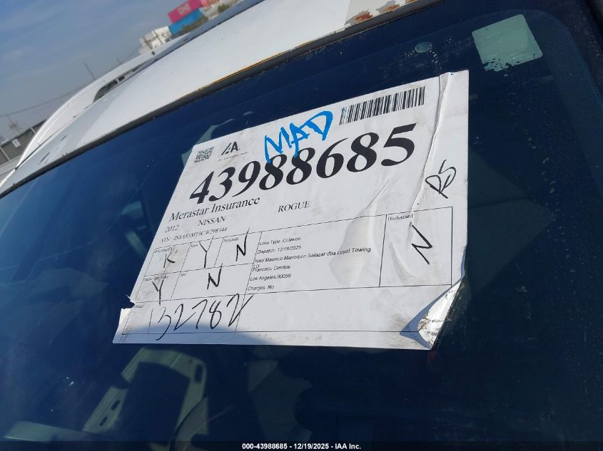 2012 Nissan Rogue Sv W/Sl Pkg VIN: JN8AS5MT9CW298344 Lot: 43988685