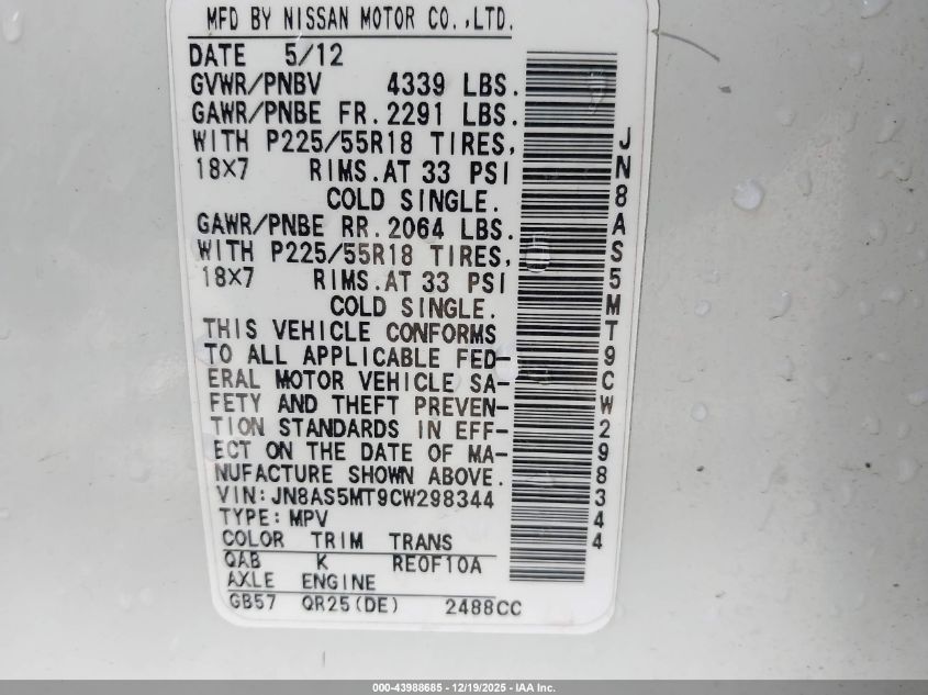 2012 Nissan Rogue Sv W/Sl Pkg VIN: JN8AS5MT9CW298344 Lot: 43988685