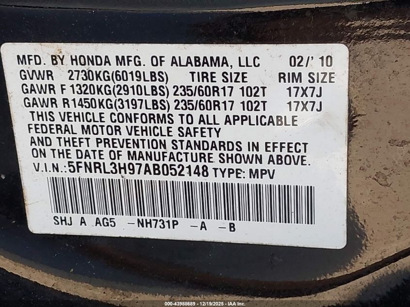 2010 Honda Odyssey Touring VIN: 5FNRL3H97AB052148 Lot: 43988689