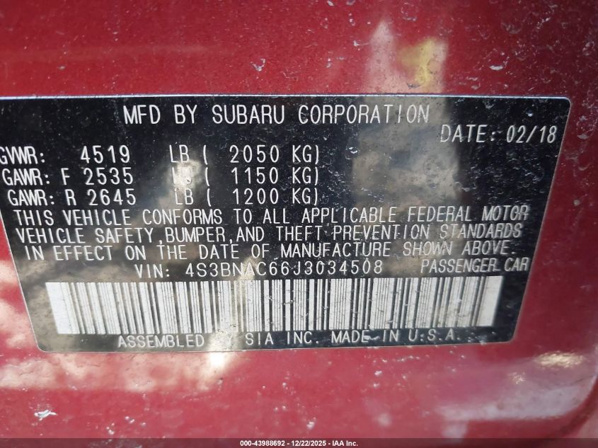2018 Subaru Legacy 2.5I Premium VIN: 4S3BNAC66J3034508 Lot: 43988692