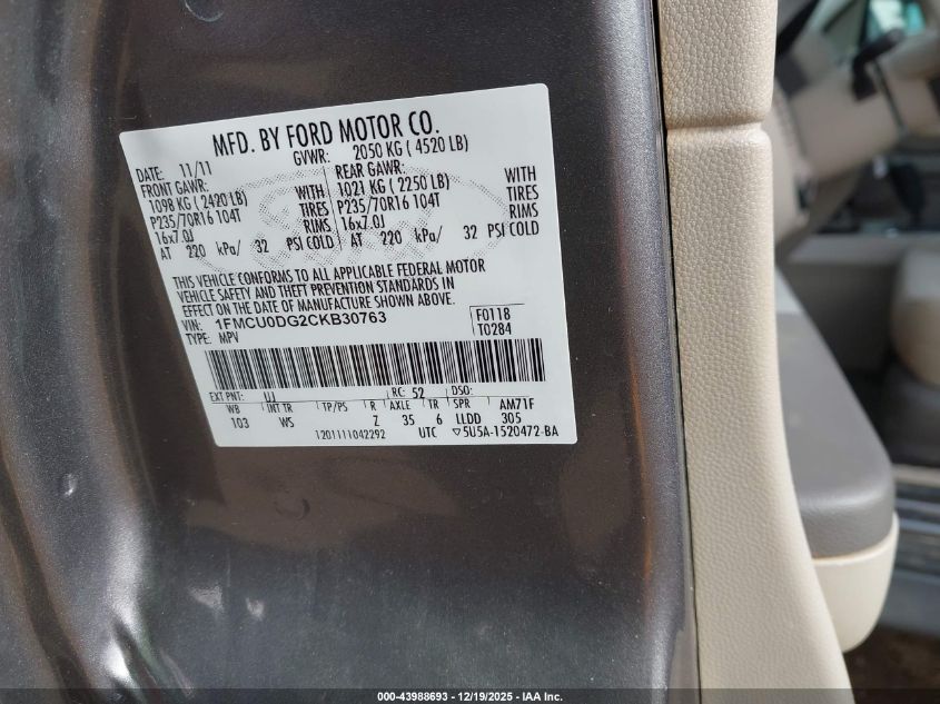 2012 Ford Escape Xlt VIN: 1FMCU0DG2CKB30763 Lot: 43988693