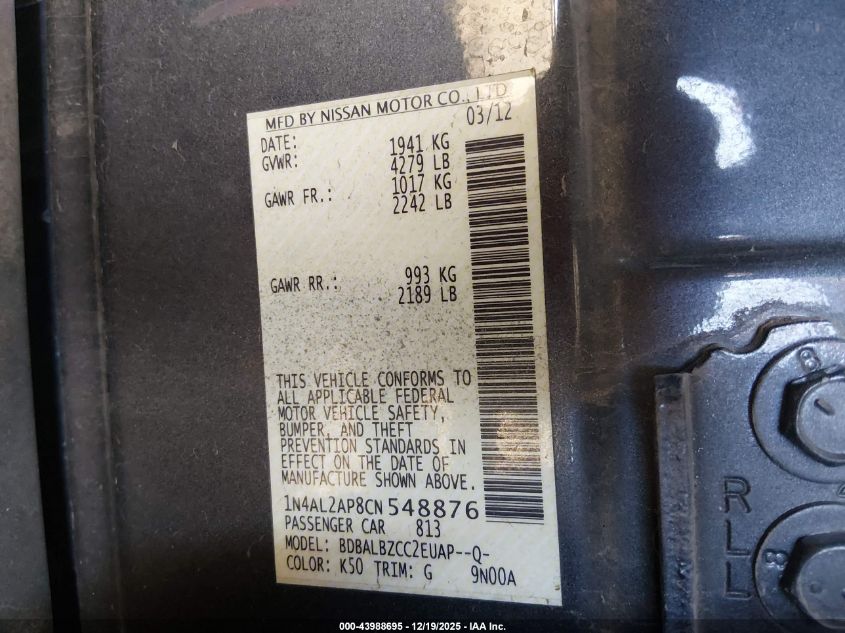 2012 Nissan Altima 2.5/2.5 S VIN: 1N4AL2AP9CNS48876 Lot: 43988695