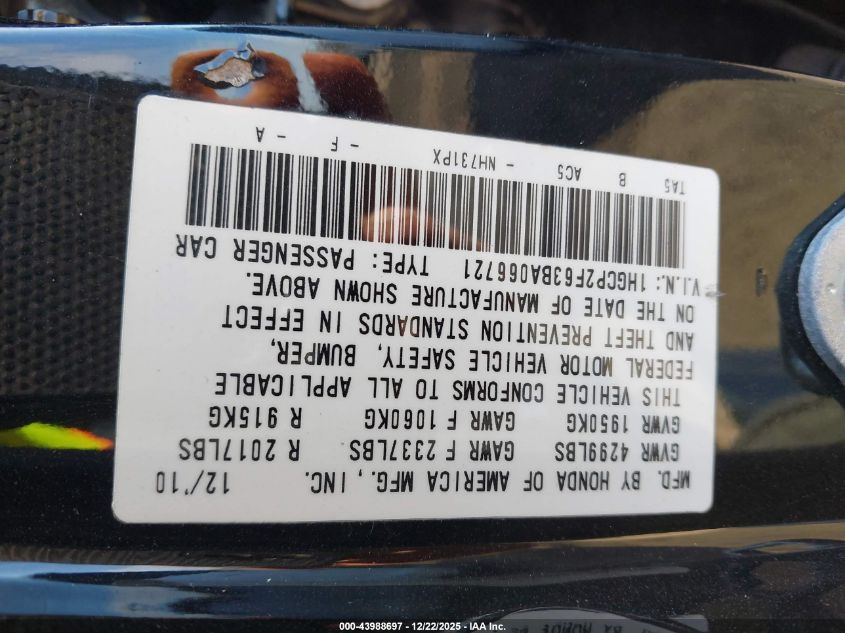 2011 Honda Accord 2.4 Se VIN: 1HGCP2F63BA066721 Lot: 43988697