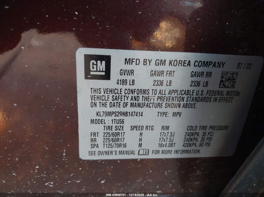 2022 Chevrolet Trailblazer Fwd Lt VIN: KL79MPS29NB147414 Lot: 43988701