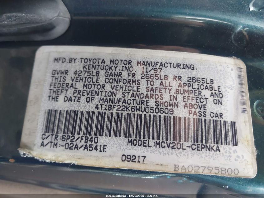 1998 Toyota Camry Le V6 VIN: 4T1BF22K6WU050609 Lot: 43988703