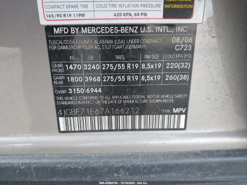 2007 Mercedes-Benz Gl 450 4Matic VIN: 4JGBF71E67A166212 Lot: 43988708