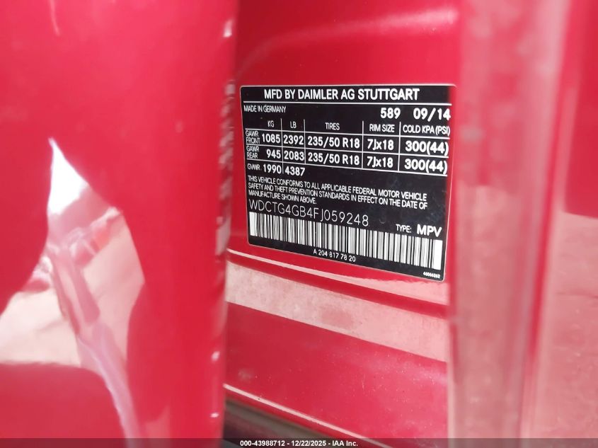 2015 Mercedes-Benz Gla 250 4Matic VIN: WDCTG4GB4FJ059248 Lot: 43988712