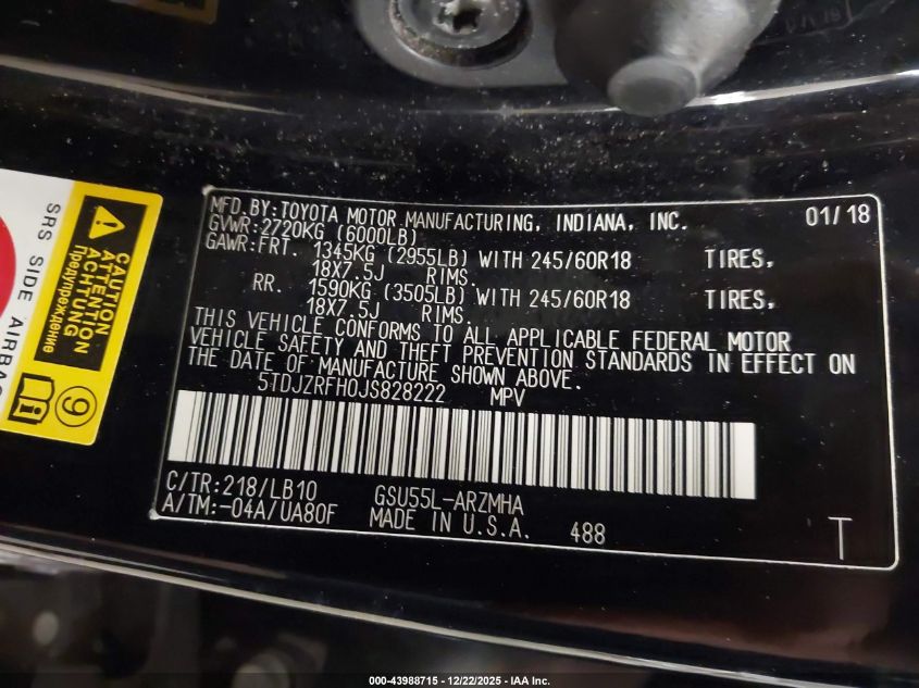 2018 Toyota Highlander Xle VIN: 5TDJZRFH0JS828222 Lot: 43988715