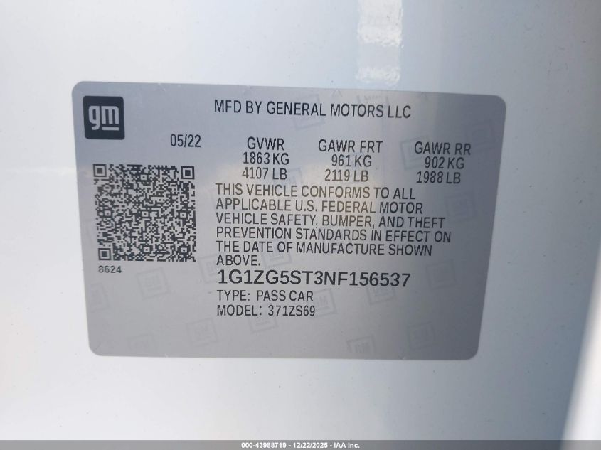 2022 Chevrolet Malibu Fwd Rs VIN: 1G1ZG5ST3NF156537 Lot: 43988719