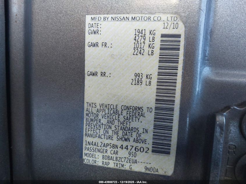 2011 Nissan Altima 2.5 S VIN: 1N4AL2AP5BN447602 Lot: 43988723