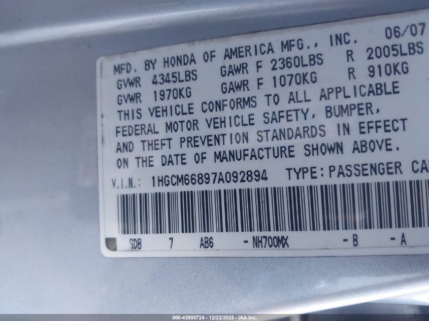 2007 Honda Accord 3.0 Ex VIN: 1HGCM66897A092894 Lot: 43988724