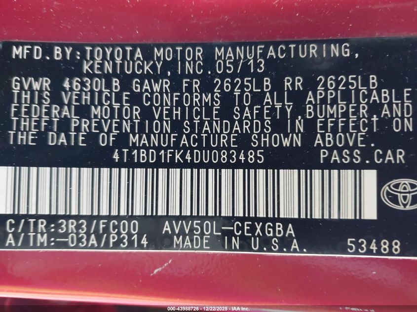 2013 Toyota Camry Hybrid Xle VIN: 4T1BD1FK4DU083485 Lot: 43988726