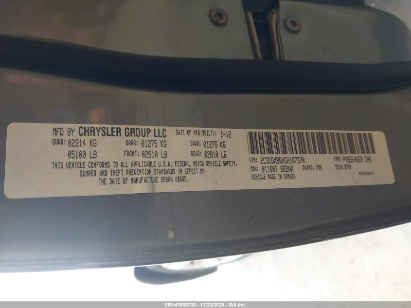 2012 Dodge Charger Se VIN: 2C3CDXBGXCH187370 Lot: 43988730