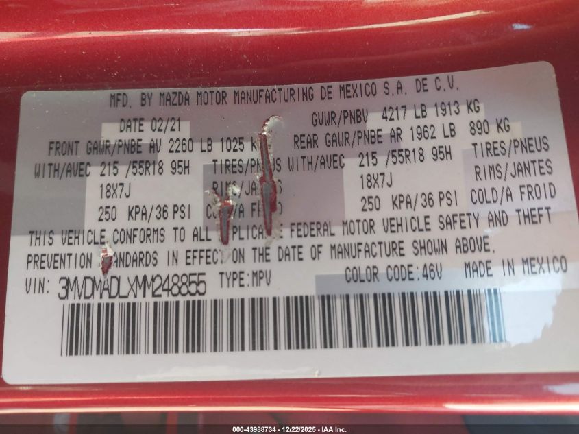 2021 Mazda Cx-30 Premium VIN: 3MVDMADLXMM248855 Lot: 43988734
