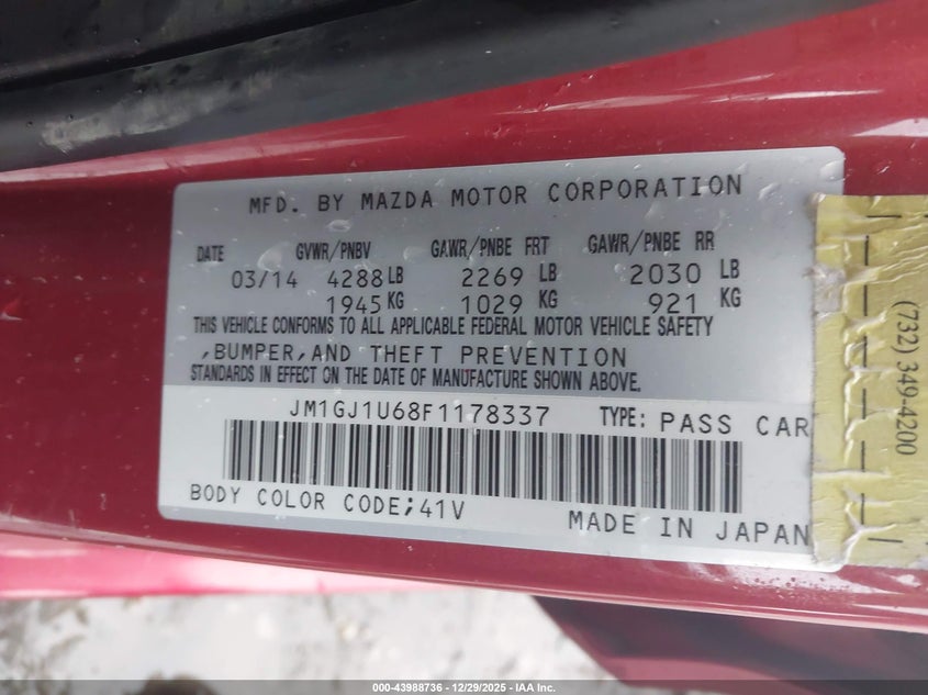 2015 Mazda Mazda6 I Sport VIN: JM1GJ1U68F1178337 Lot: 43988736