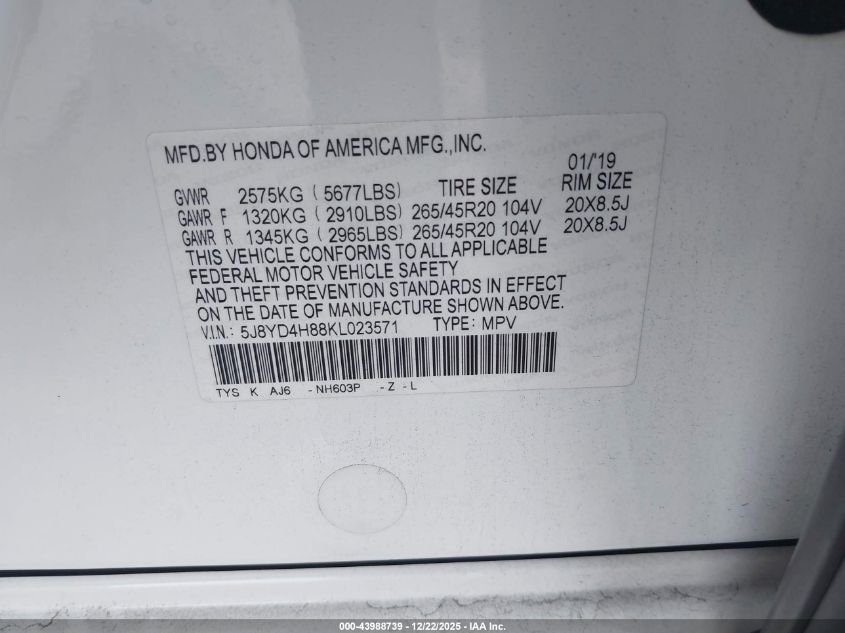 2019 Acura Mdx Advance Pkg VIN: 5J8YD4H88KL023571 Lot: 43988739