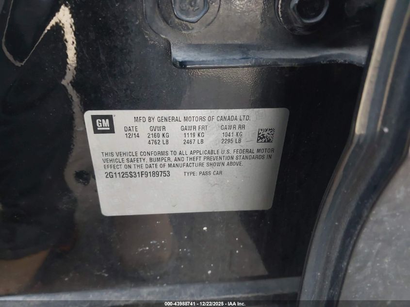 2015 Chevrolet Impala 2Lt VIN: 2G1125S31F9189753 Lot: 43988741