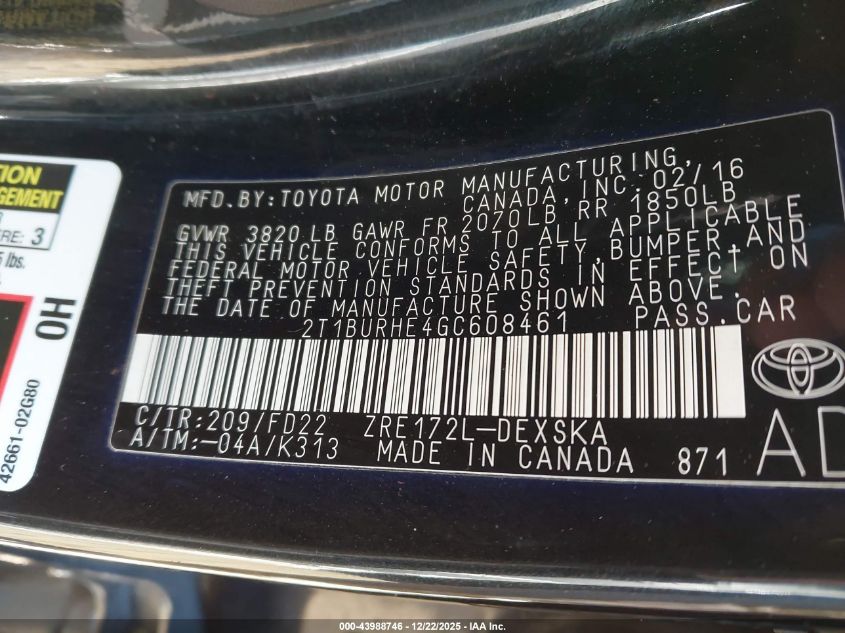 2016 Toyota Corolla S Plus VIN: 2T1BURHE4GC608461 Lot: 43988746