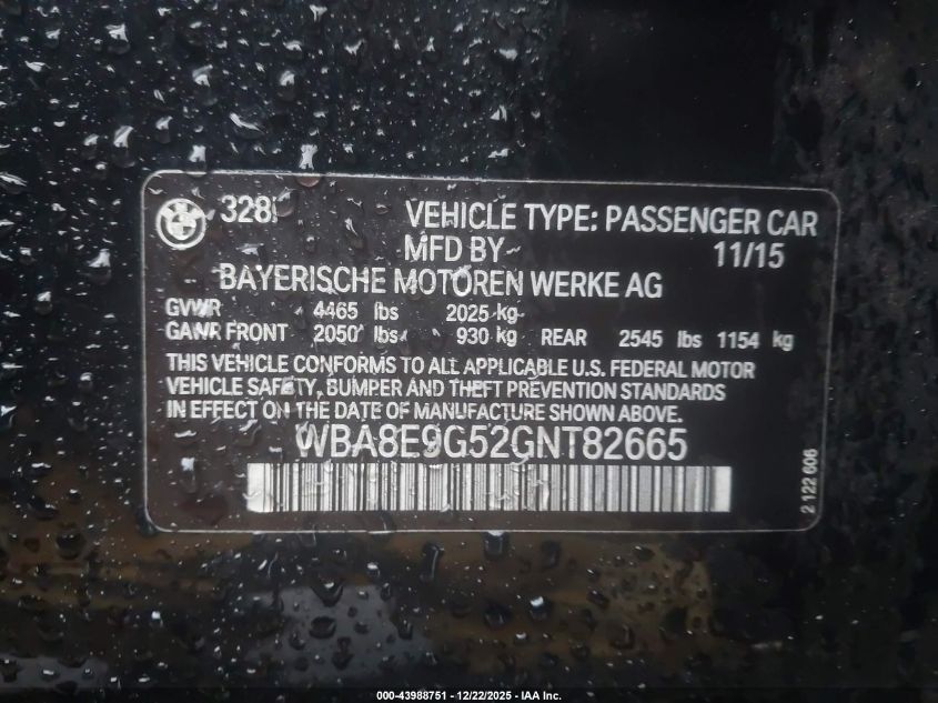 2016 BMW 328I VIN: WBA8E9G52GNT82665 Lot: 43988751