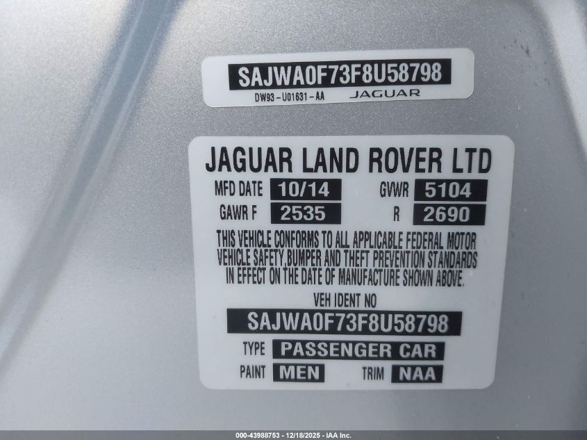 2015 Jaguar Xf 3.0 Portfolio/3.0 Sport VIN: SAJWA0F73F8U58798 Lot: 43988753