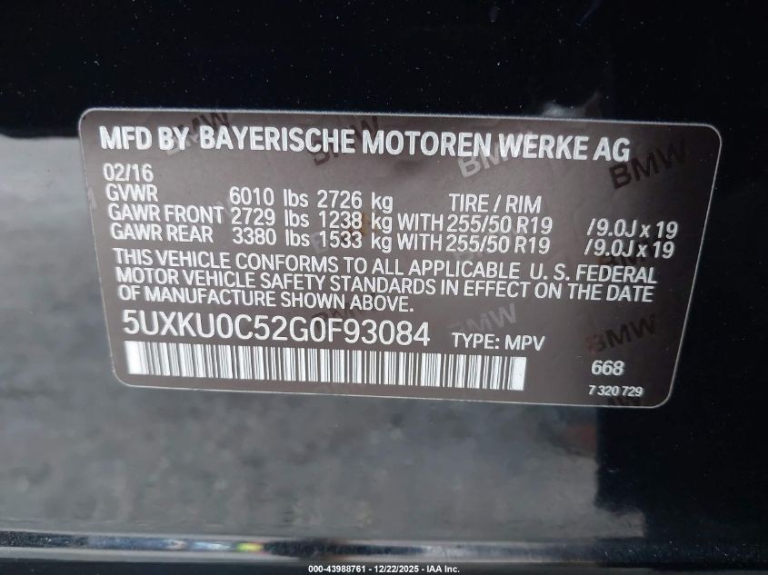 2016 BMW X6 Sdrive35I VIN: 5UXKU0C52G0F93084 Lot: 43988761