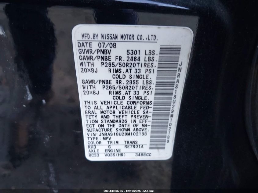 2009 Infiniti Fx35 VIN: JNRAS18U29M102188 Lot: 43988765