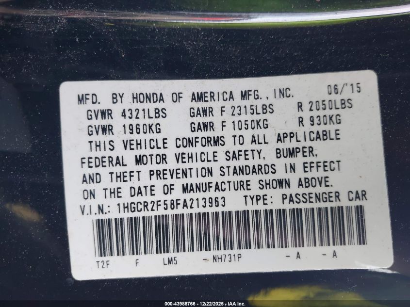 2015 Honda Accord Sport VIN: 1HGCR2F58FA213963 Lot: 43988766