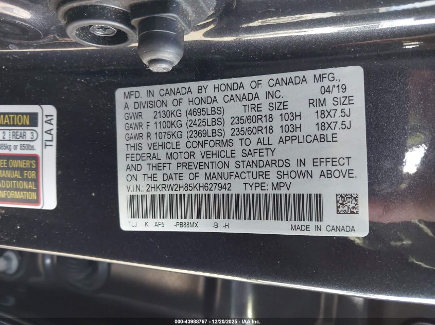 2019 Honda Cr-V Ex-L VIN: 2HKRW2H85KH627942 Lot: 43988767