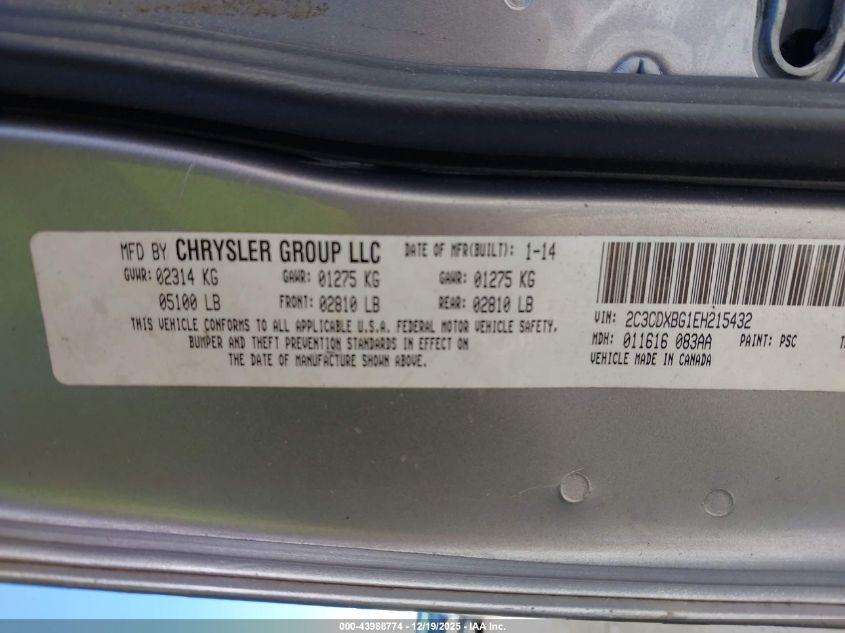 2014 Dodge Charger Se VIN: 2C3CDXBG1EH215432 Lot: 43988774