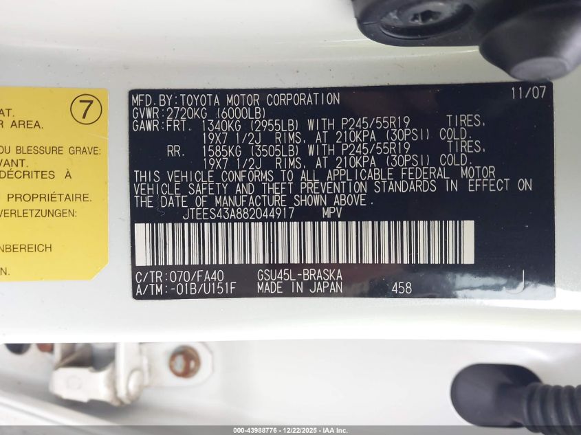 2008 Toyota Highlander Sport VIN: JTEES43A882044917 Lot: 43988776