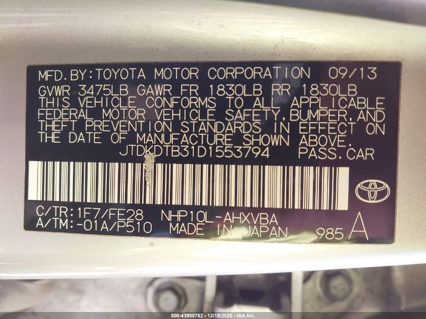 2013 Toyota Prius C One VIN: JTDKDTB31D1553794 Lot: 43988782