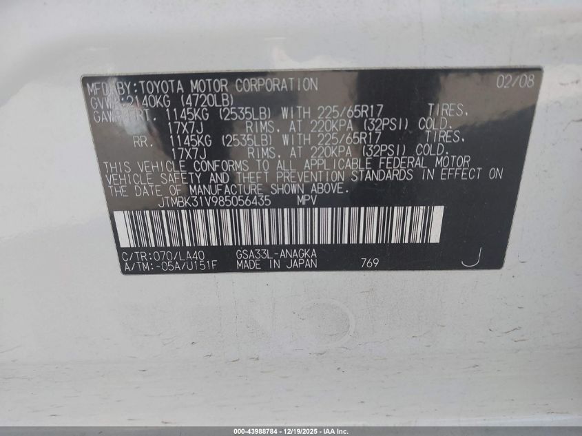 2008 Toyota Rav4 Limited V6 VIN: JTMBK31V985056435 Lot: 43988784