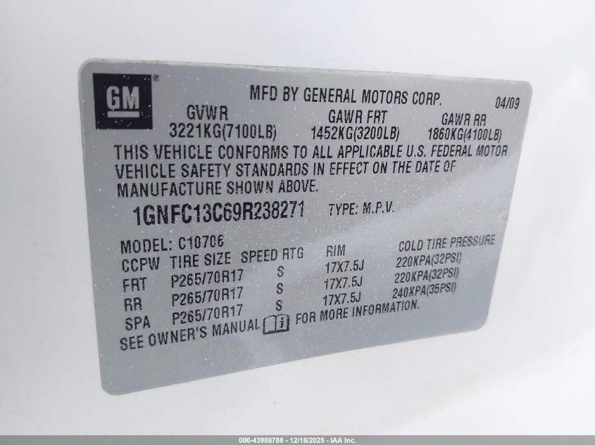 2009 Chevrolet Tahoe Ls VIN: 1GNFC13C69R238271 Lot: 43988788