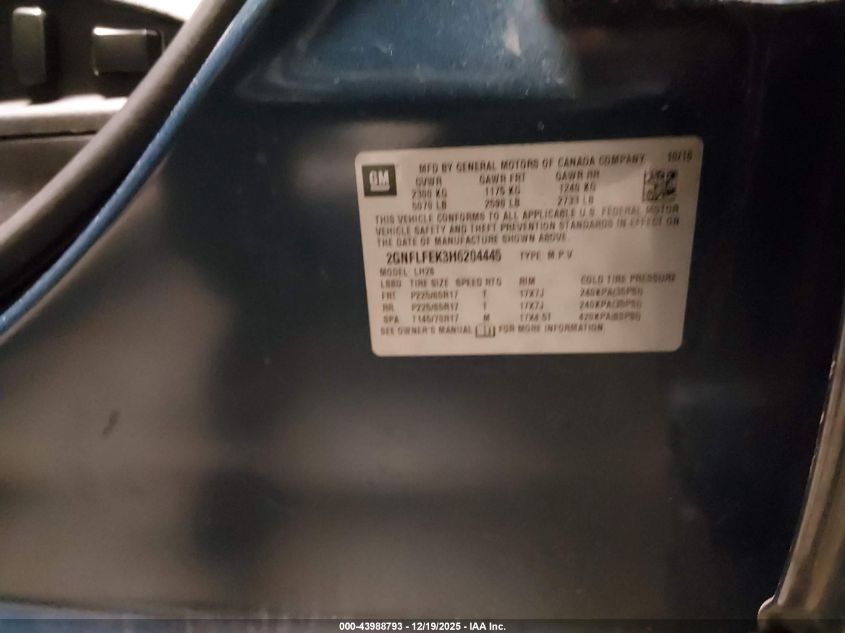 2017 Chevrolet Equinox Lt VIN: 2GNFLFEK3H6204445 Lot: 43988793