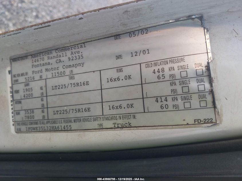 2002 Ford E-350 Cutaway Standard VIN: 1FDWE35L32HA61455 Lot: 43988795