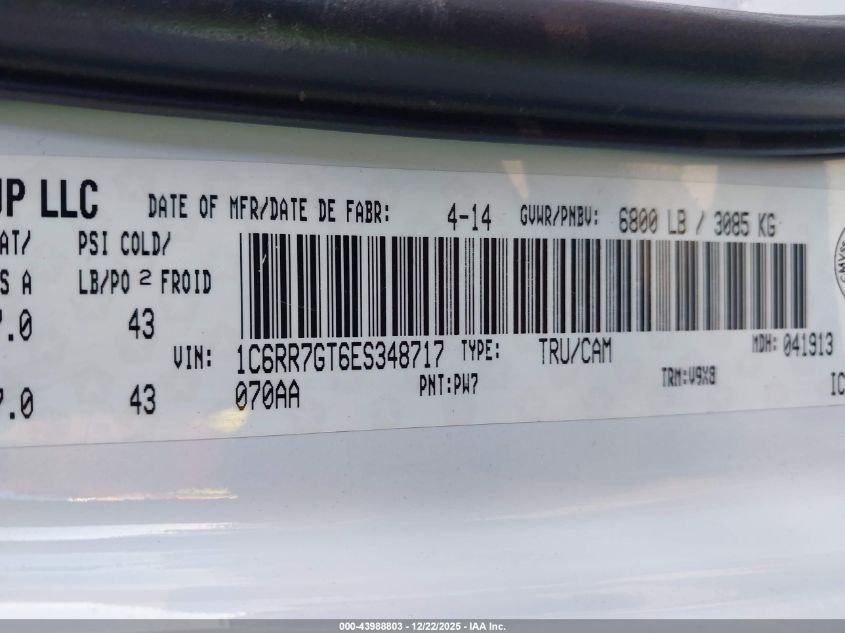 2014 Ram 1500 Slt VIN: 1C6RR7GT6ES348717 Lot: 43988803