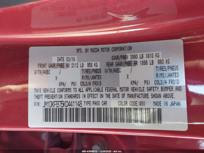 2019 Mazda Cx-3 Sport VIN: JM1DKFB75K0441148 Lot: 43988810