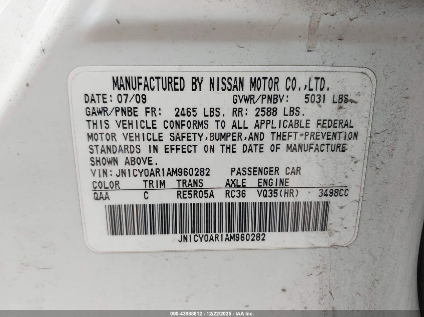 2010 Infiniti M35X VIN: JN1CY0AR1AM960282 Lot: 43988812