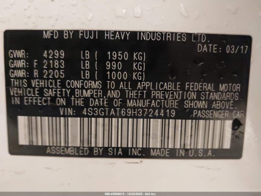 2017 Subaru Impreza 2.0I Limited VIN: 4S3GTAT69H3724419 Lot: 43988813
