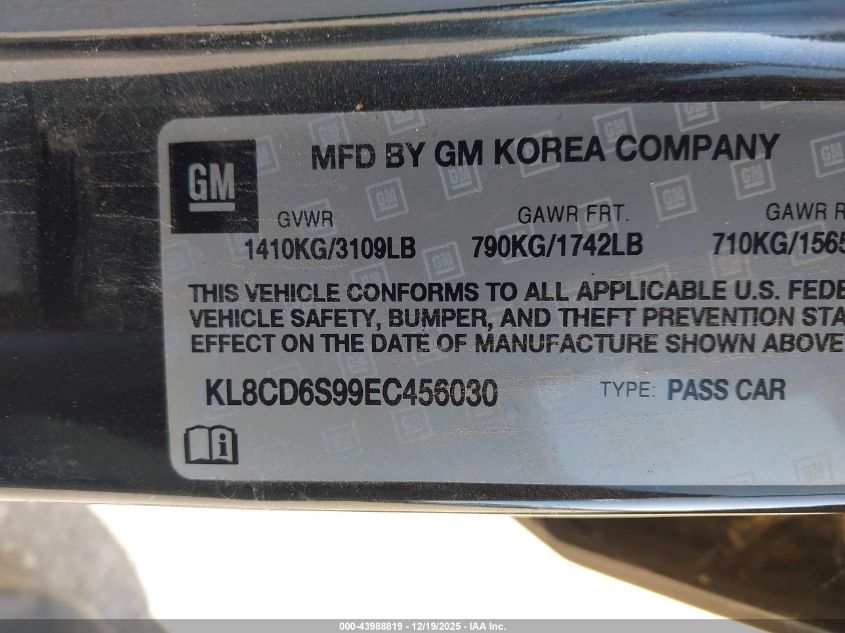 2014 Chevrolet Spark 1Lt Auto VIN: KL8CD6S99EC456030 Lot: 43988819