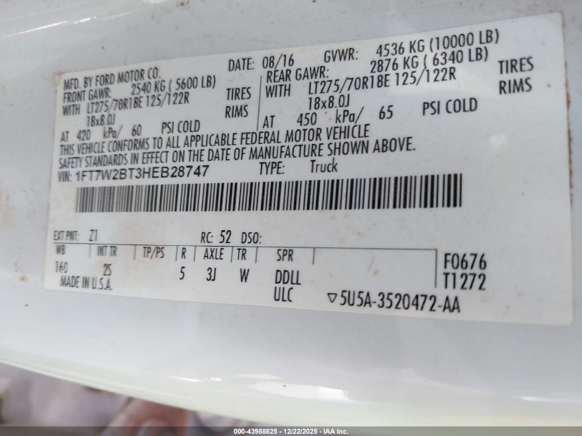 2017 Ford F-250 Xlt VIN: 1FT7W2BT3HEB28747 Lot: 43988825