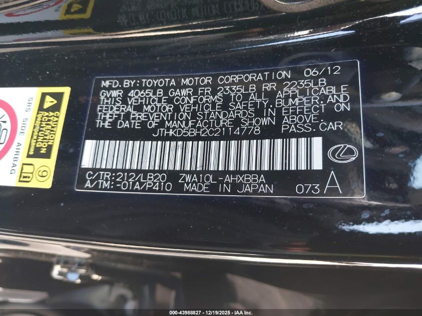 2012 Lexus Ct 200H Premium VIN: JTHKD5BH2C2114778 Lot: 43988827