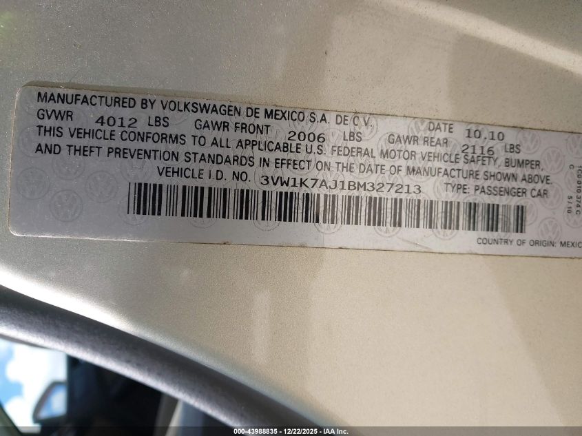 2011 Volkswagen Jetta 2.0L S VIN: 3VW1K7AJ1BM327213 Lot: 43988835