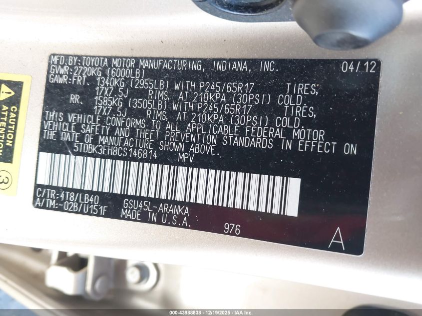 2012 Toyota Highlander Se V6 VIN: 5TDBK3EH8CS146814 Lot: 43988838